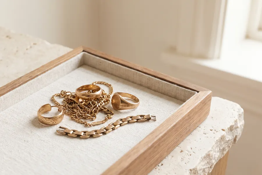 Alter Goldschmuck – Ketten, Ringe und Armbänder – auf einem Tablett