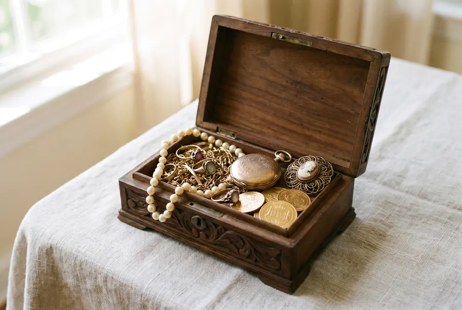Geerbte Schmuckschatulle mit Altgold, Perlenkette und Münzen