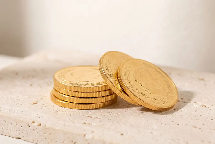 Gestapelte Goldmünzen auf hellem Travertin