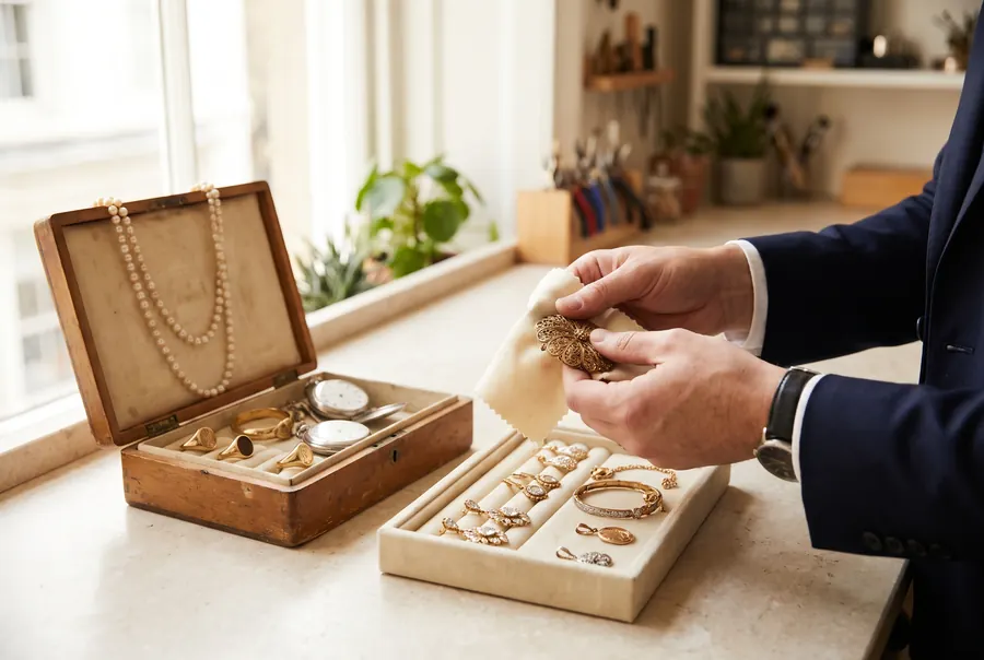 Geerbte Goldbrosche wird poliert, daneben Schmuckschatulle und aufgearbeiteter Schmuck